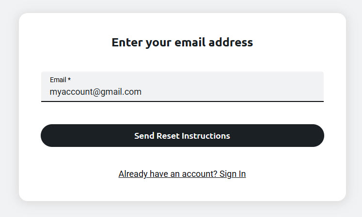 Password reset screen on the SBS On Demand website with a form to enter an email address, a “Send Reset Instructions” button, and a “Sign In” link for existing users.
