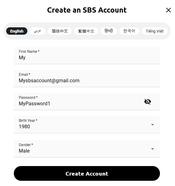 Account creation form for SBS with fields for first name, email, password, birth year, and gender, with language selection options at the top and a ‘Create account’ button.