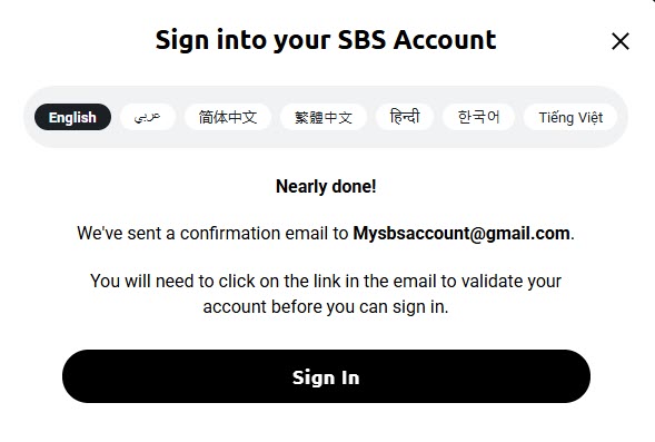 Sign-in page for an SBS account with language options. A message states a confirmation email was sent, needing validation to sign in. A "Sign In" button is below.