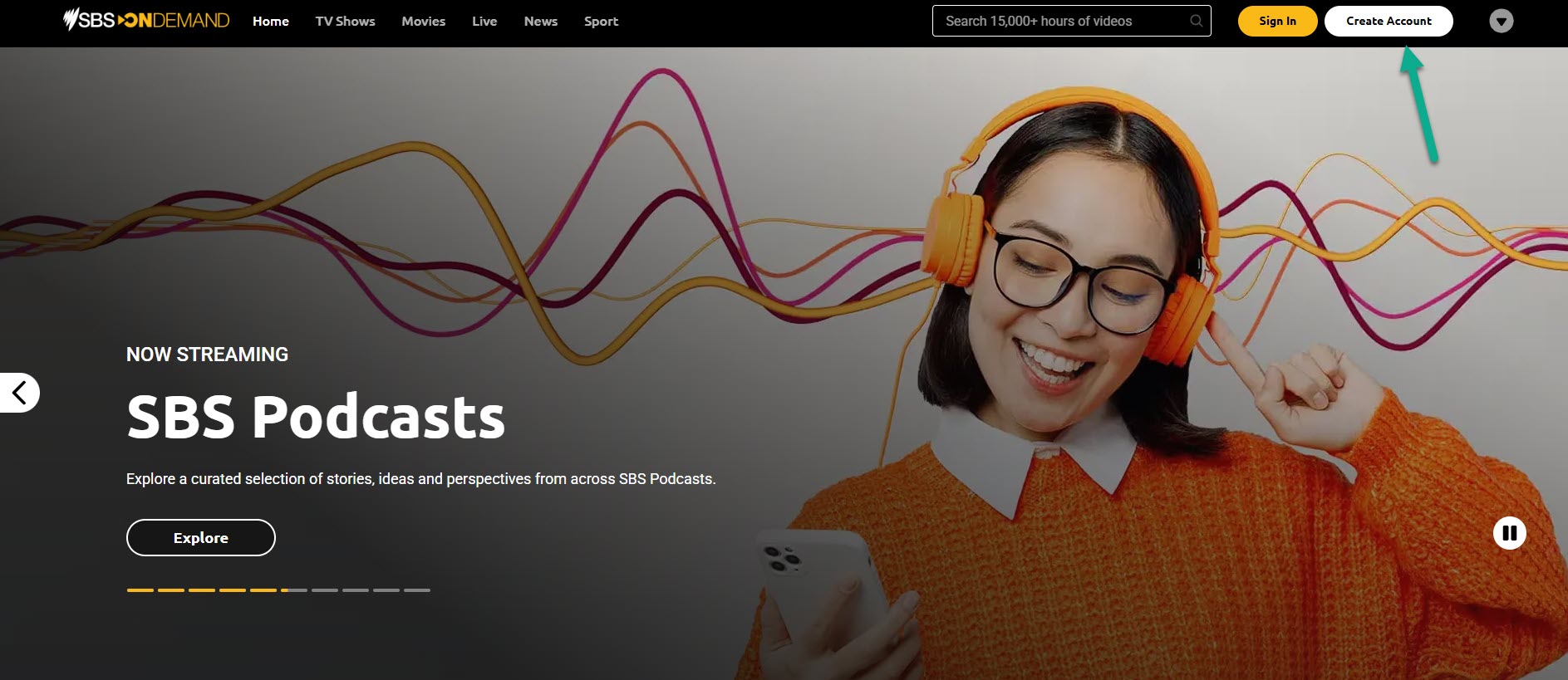SBS On Demand website showing ‘Sign In’ and ‘Create Account’ buttons in the top-right corner