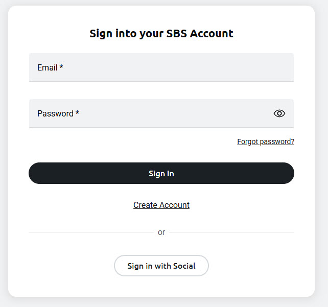  SBS On Demand sign-in screen with email and password fields, a "Forgot Password" option, and buttons to sign in with a social media account from Google, Apple, or Facebook.