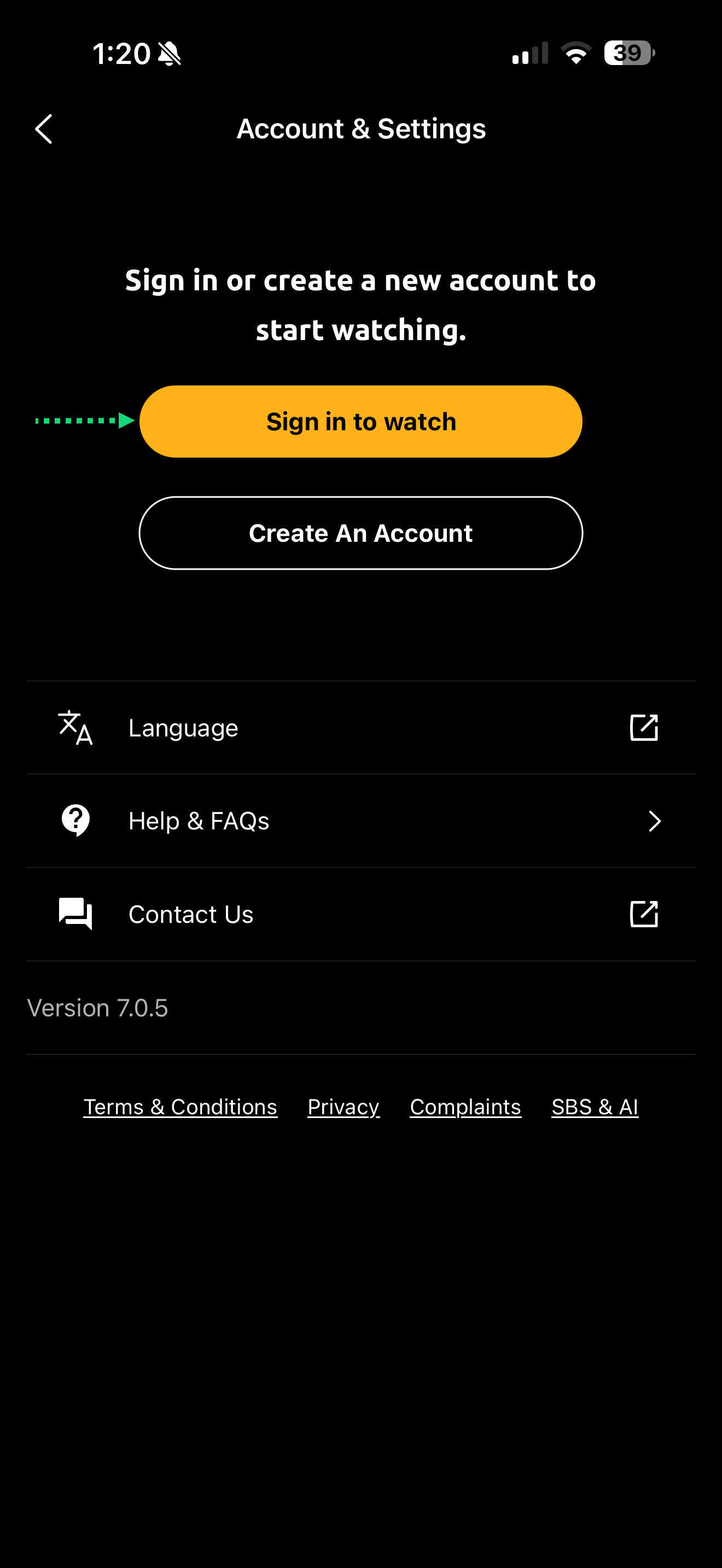 SBS On Demand Profile Menu with Sign in and create account buttons with arrow pointed at sign in button.PNG