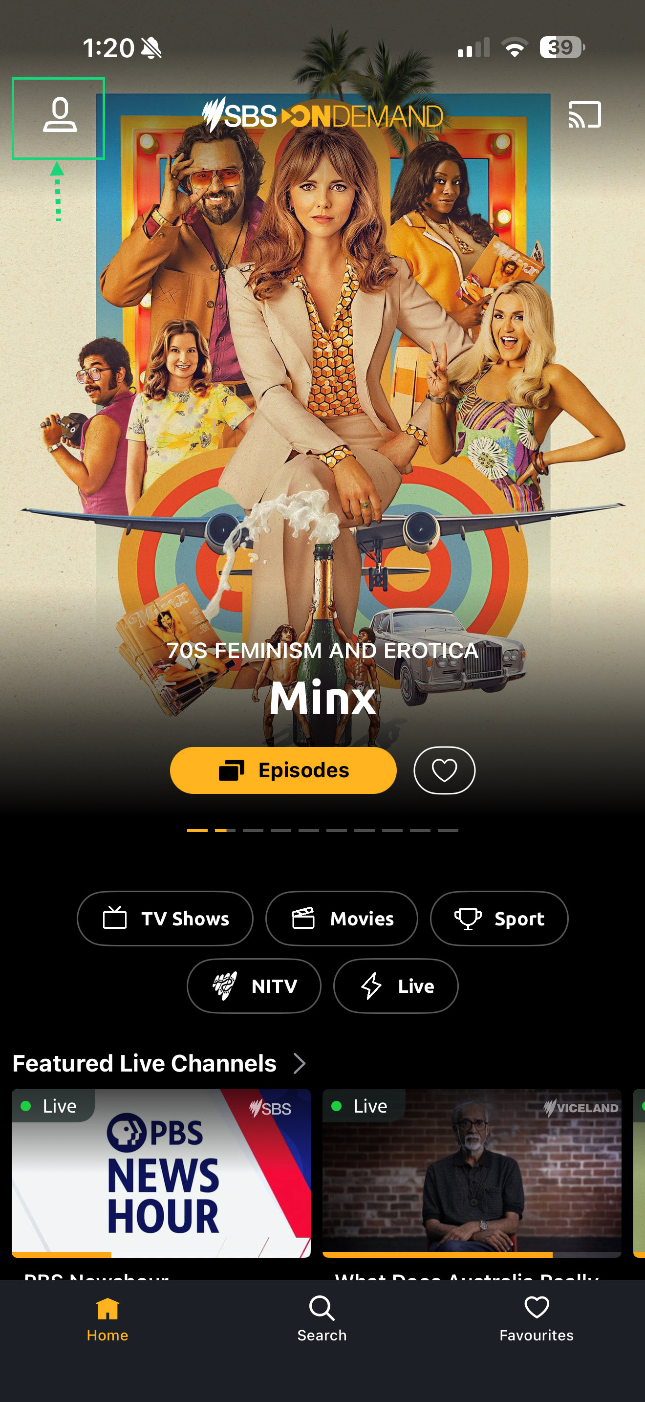 SBS On Demand iOS Homescreen with arrow pointed to top left selecting profile menu.PNG