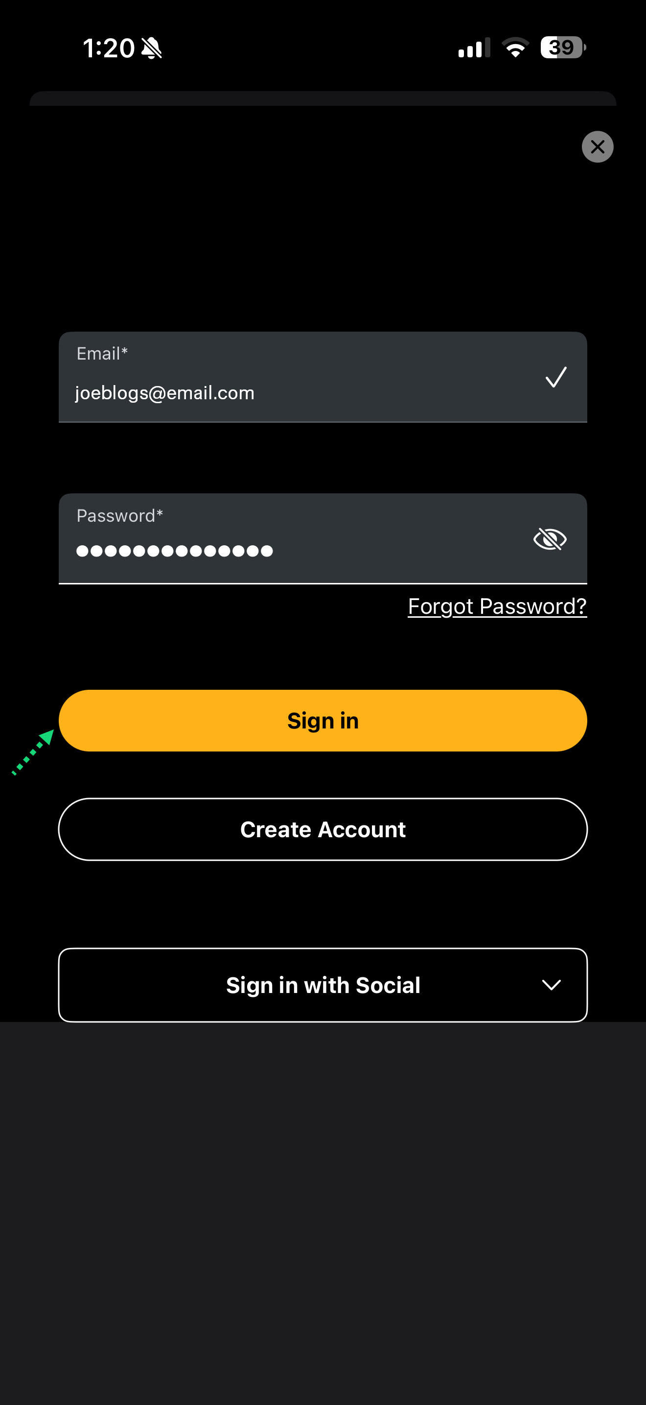 SBS On Demand iOS Sign in screen with credentials filled out and yellow sign in box turned yellow.PNG