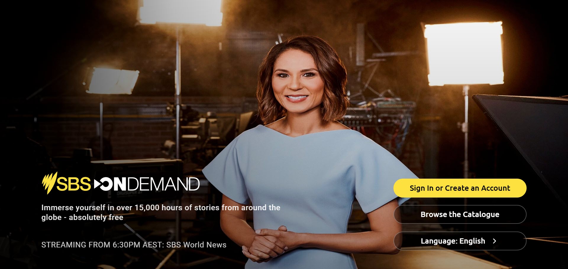 Title screen for SBS On Demand app with buttons for signing in, account creation, browsing content, and changing language settings.jpg