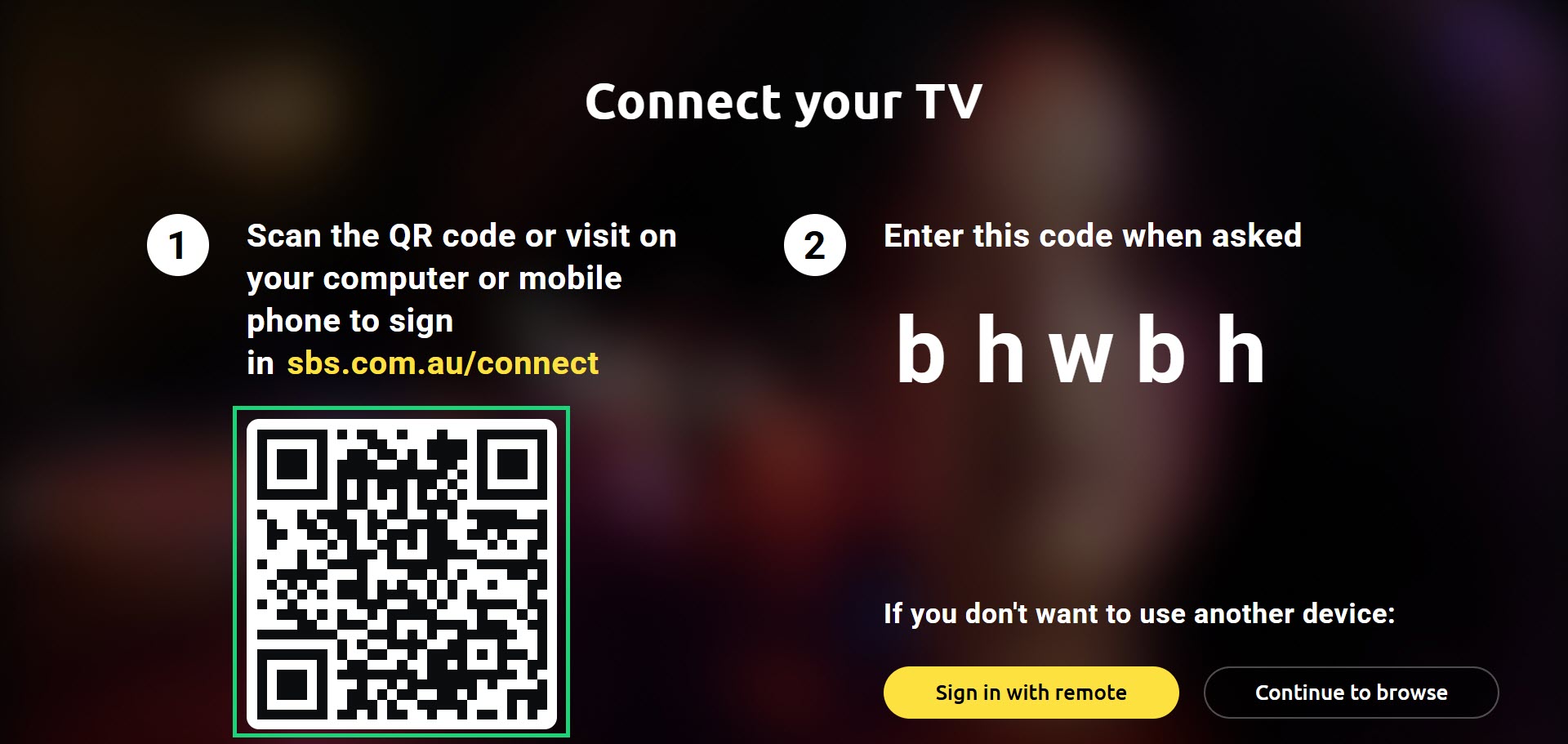 TV connection screen instructing users to scan the QR code or visit sbs.com.au/connect and enter the code displayed on the TV. Options to sign in with a remote or continue browsing are also shown.