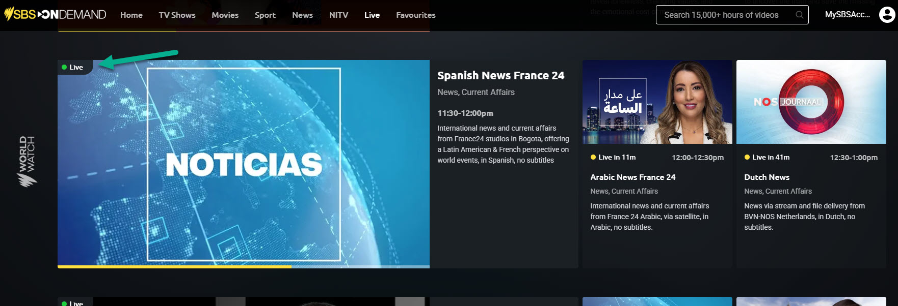 Live TV Hub screenshot from SBS On Demand, featuring the SBS WorldWatch channel and details of two upcoming programs