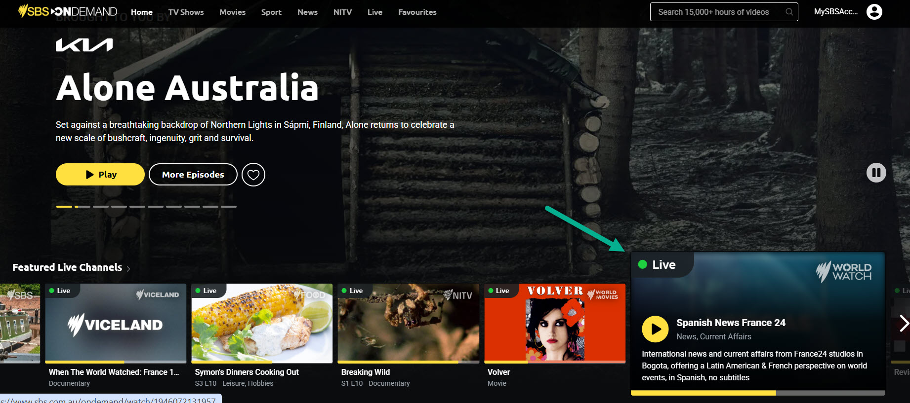 Screenshot of SBS On Demand homepage highlighting Featured Live Channels with an arrow pointing to the SBS WorldWatch live-stream link