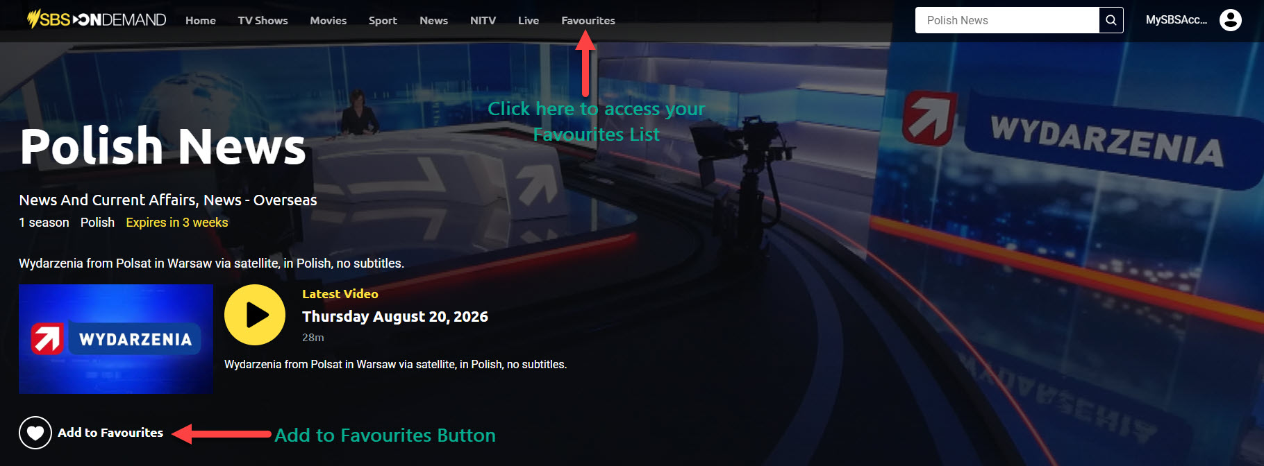 Screenshot of SBS On Demand's Polish News, with arrows indicating Favourites Heading and Add to Favourites Button