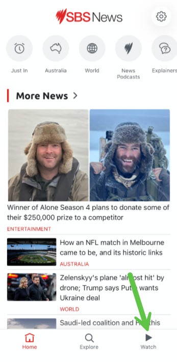 Screenshot of SBS News Home page with arrow pointing at the Watch Icon