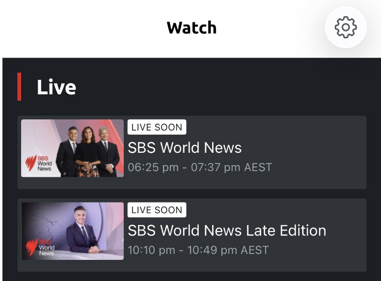 Upcoming SBS World News Live-Streams under the Watch menu