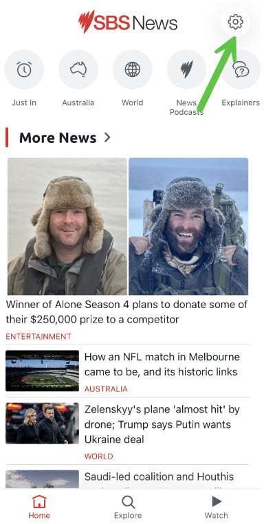 Screenshot of SBS News Home Screen with Arrow pointing at the Settings Icon
