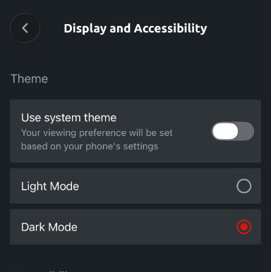 Screenshot of Display and Accessibility menu with options for light mode, dark mode and system theme