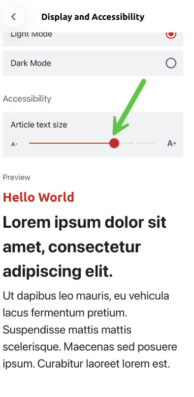 Screenshot of the SBS News App's accessibility settings, featuring an arrow indicating the text size adjustment scrub for articles