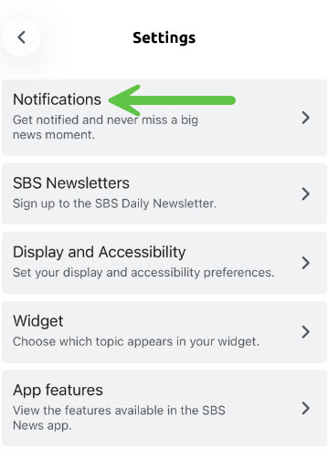 Screenshot of Settings screen with arrow pointing at the Notifications menu