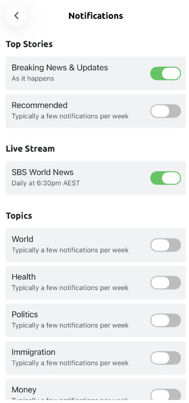Overview of notification topics in the SBS News app, featuring options for news alerts and weather updates