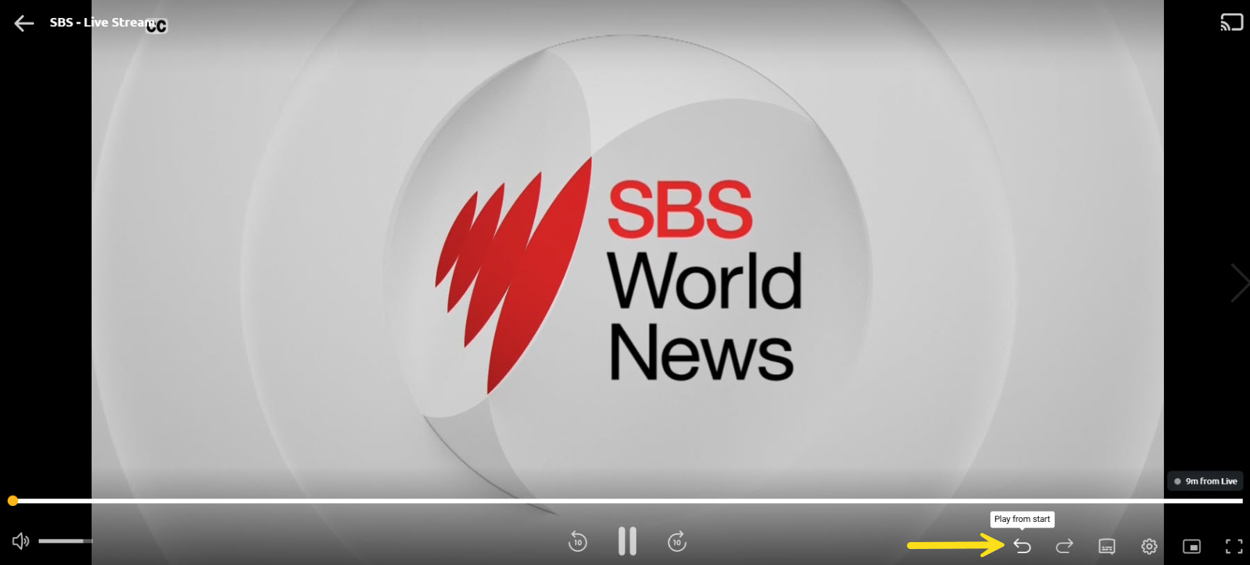 An example of a SBS Live-Stream with an error pointing towards the "Play from Start" button in the video player.